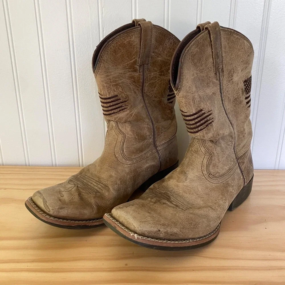 Ariat Youth Circuit Patriot Western Boots Sz 4.5 Cowboy Square Toe Leather Flag